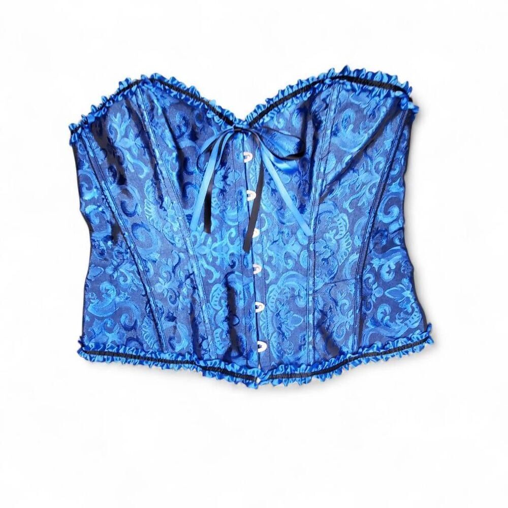 Blue Satin Brocade Corset Top Lace-Up Back Bustier Gothic Renaissance XXL